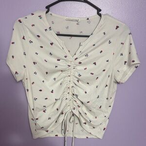 Hello Monday Floral Ruched Cream Top